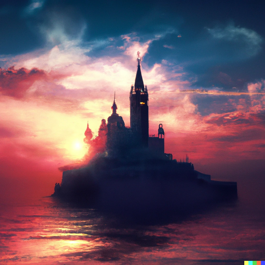 Prompt: A cathedral stands alongside the sea in the midst of a spectacular sunset, realistic