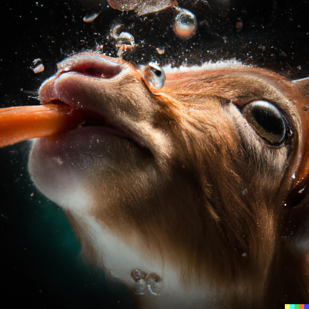 Prompt: Underwater shot of a baby goat's head eating a carrot, water bubbles, particulate, extremely detailed, studio lighting 