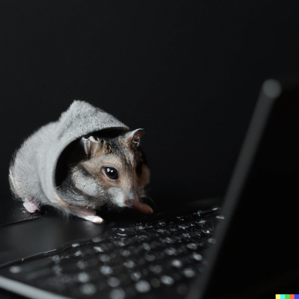 Prompt: Hamster with a hoodie, typing a silver laptop’s keyboard while looking at the screen, photo, highly detailed, dark background