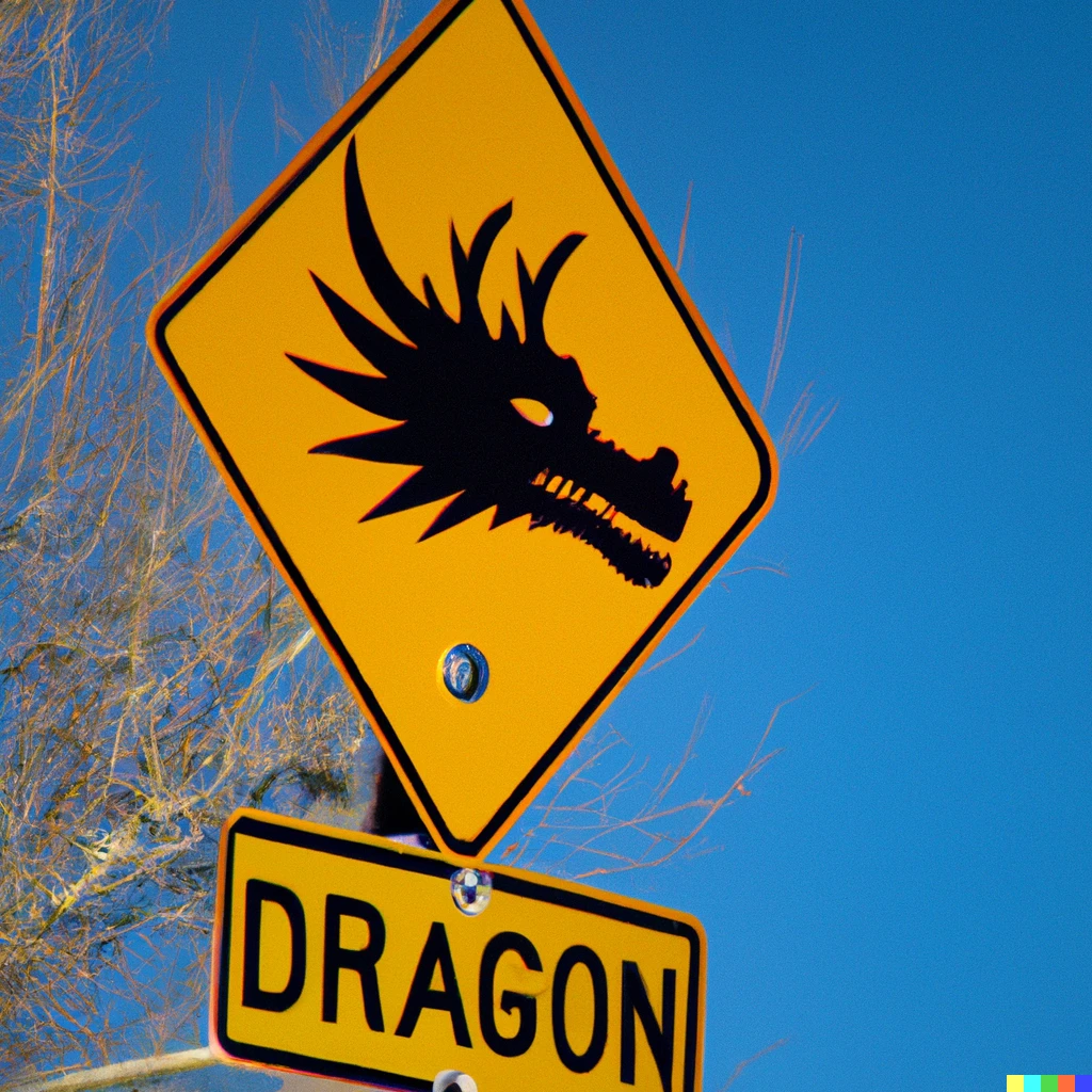 Prompt: A photograph of a street sign that warns drivers dragons might be up ahead.