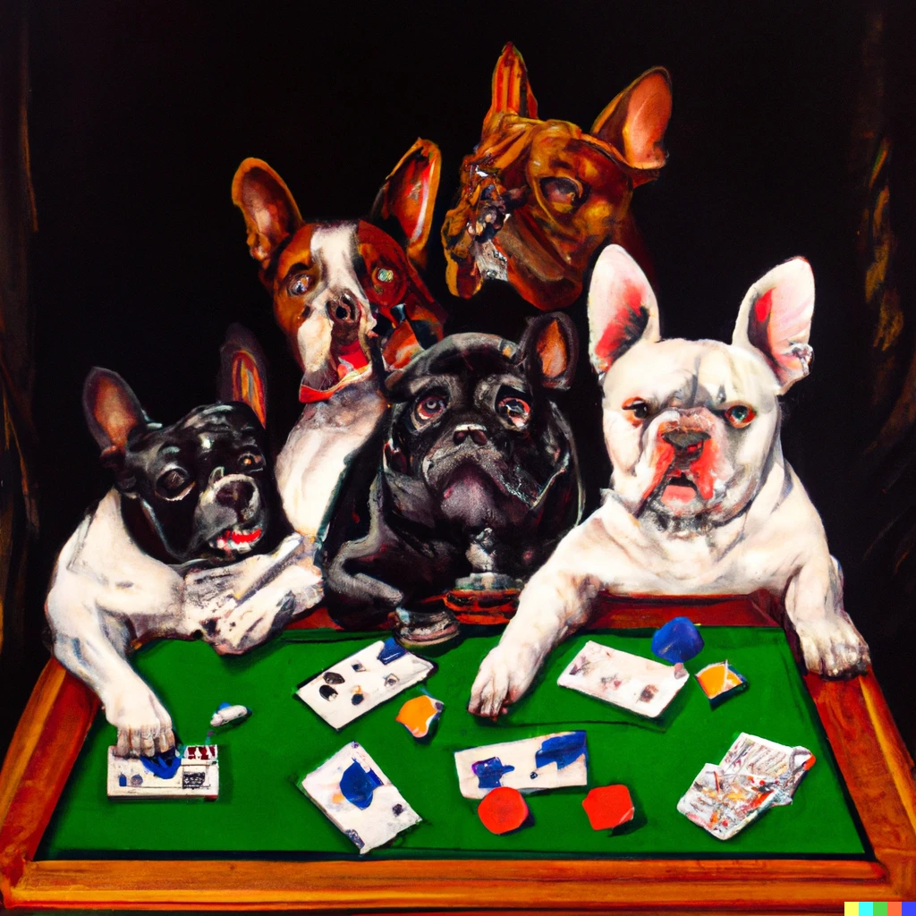 Prompt: painting Dogs Playing Poker, but all french bulldogs, by Coolidge