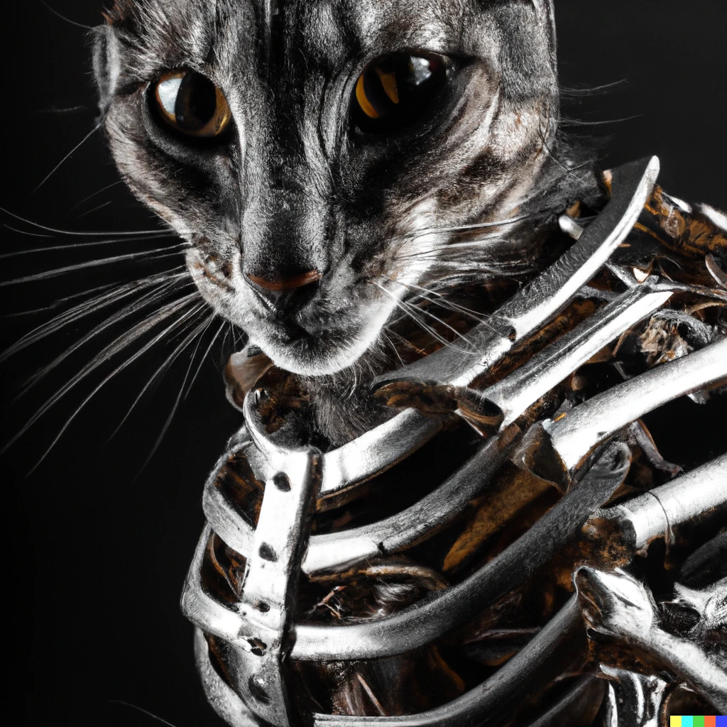 Prompt: A cat wearing skeleton armor, studio lighting, 35mm, extremely detailed, portrait, eyes reflecting fire