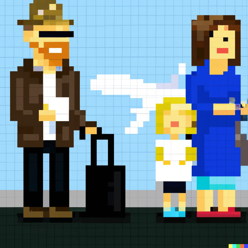 Prompt: A journalist waiting to board a plane with his family, pixel art