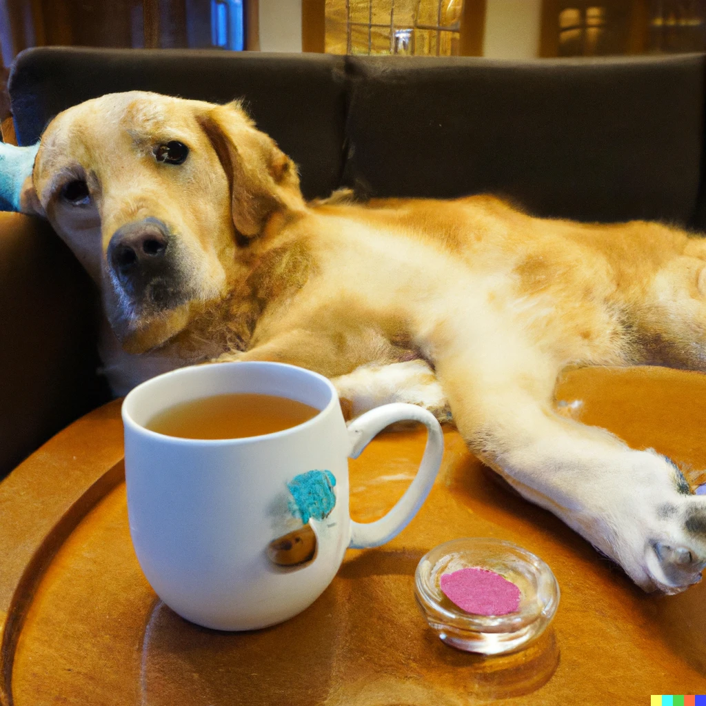 Prompt: A golden retriever drinking hot honey tea and relaxing in a lounge 