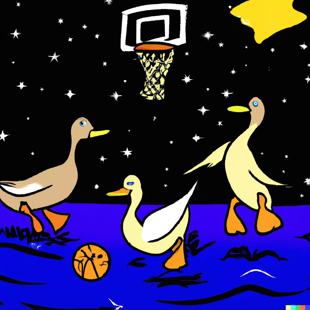 Prompt: ducks playing basketball under starry night | 890
