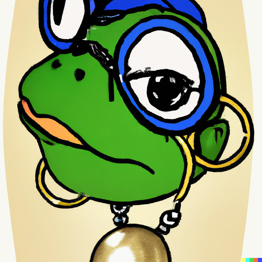 Prompt: a comic book frog with pearl earring from 90s
