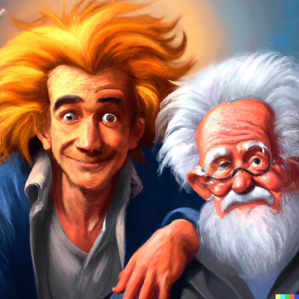 Prompt: Goku and Albert Einstein posing together for a picture, digital art