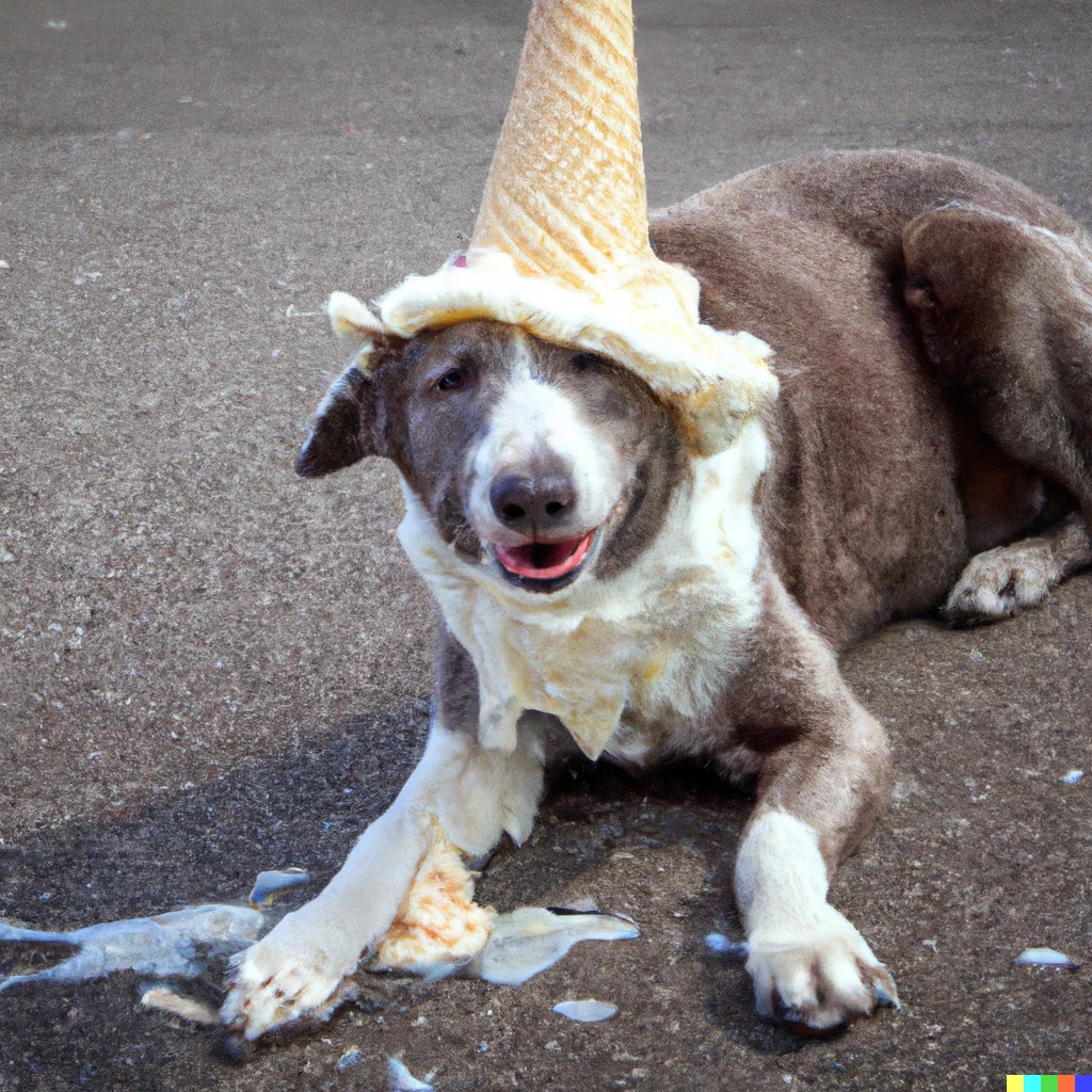 Prompt: A dog wearing an ice cream cone hat, smiling while playing with ice cream spilled all over the ground