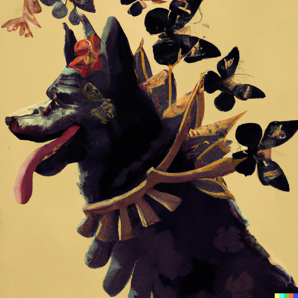 Prompt: A japanese edo period art piece of a dog in samurai armor covered with butterflies 