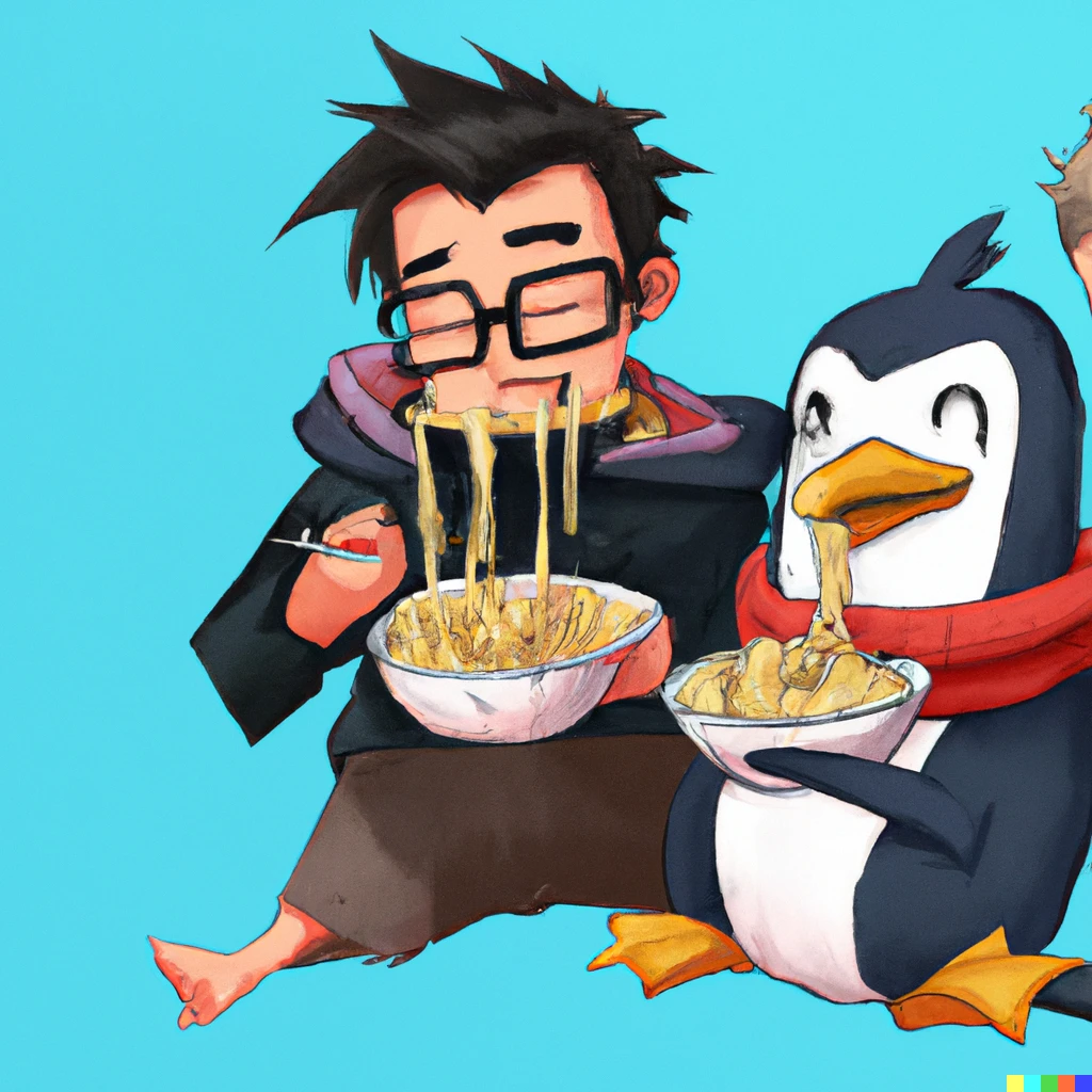 Prompt: Markiplier hanging with a penguin eating some ramen noodles digital art