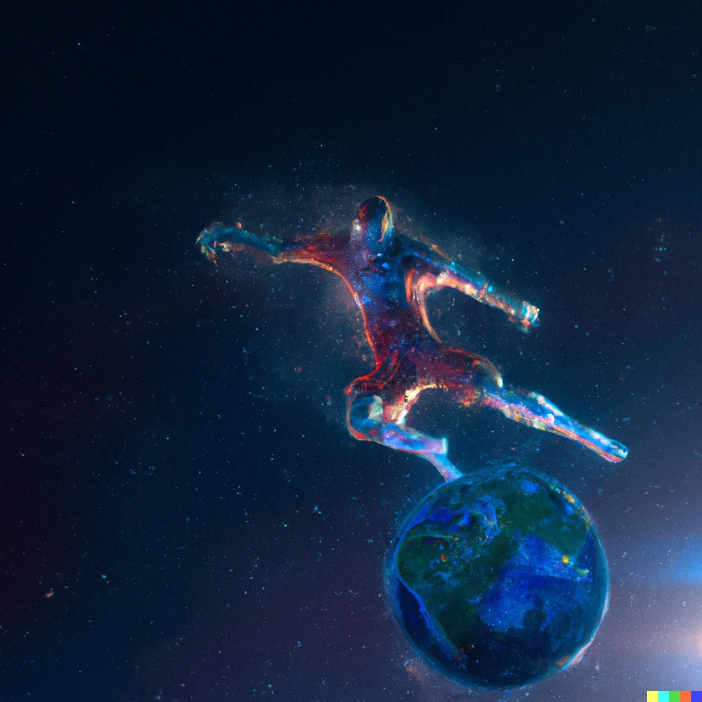 Prompt: a football player scoring goals with earth-like ball viewed from space, digital art