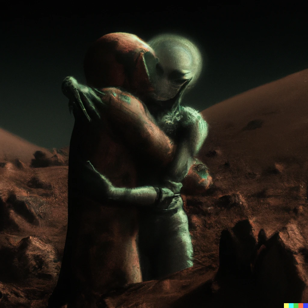 Prompt: an alien hugging a human on mars, digital art