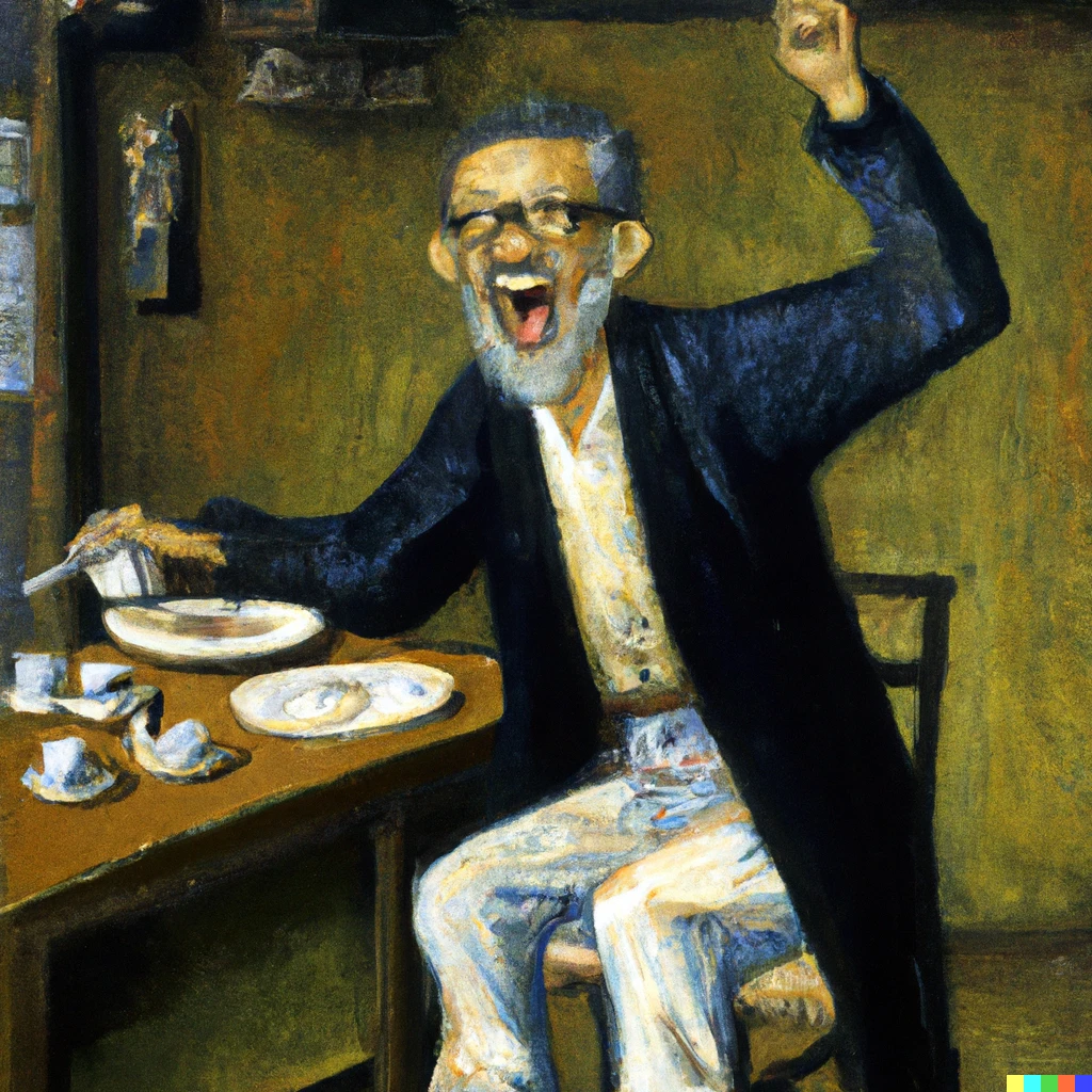 Prompt: This Gustave Courbet-style oil painting depicts a full-body portrait of a cheerful middle-aged Japanese man with square-cropped glasses shouting about a Japanese breakfast set meal.