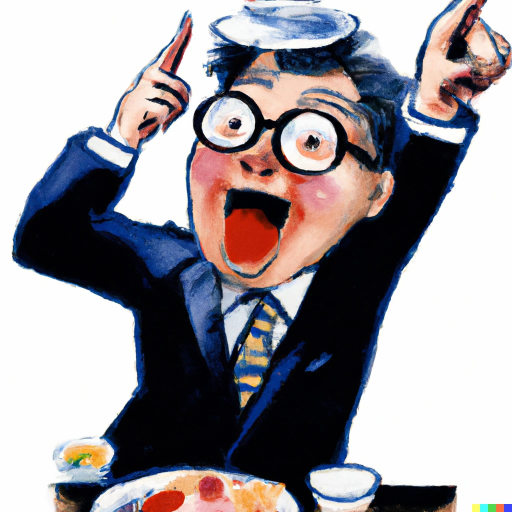 Prompt: A Renoir-style painting of a cheerful middle-aged Japanese man in a suit and short glasses standing on his head, pointing his finger and shouting about the Japanese breakfast set meal.
