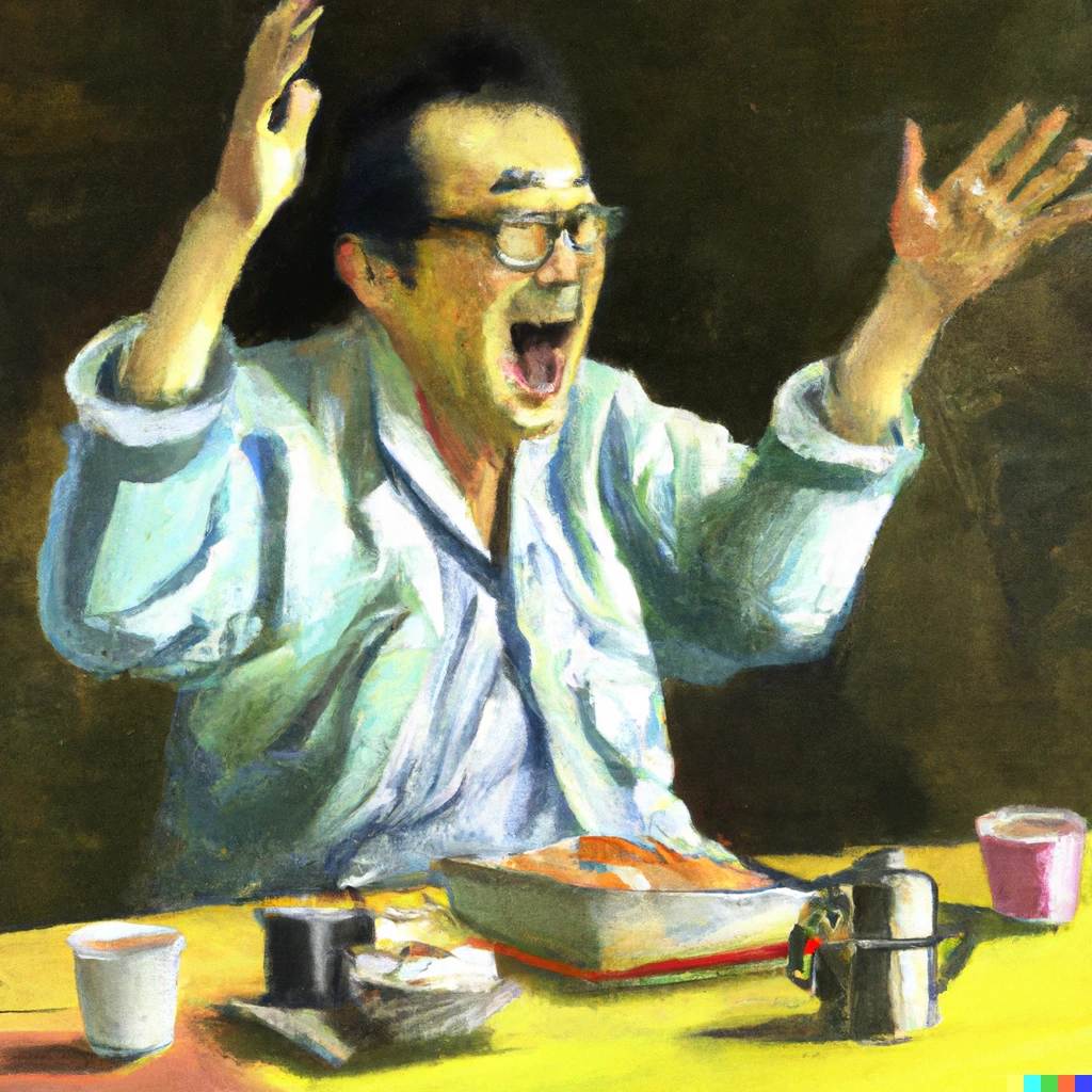 Prompt: An Gustave Courbet-style oil painting of a middle-aged, energetic Japanese man with square-cropped glasses shouting for a Japanese-style breakfast set meal.