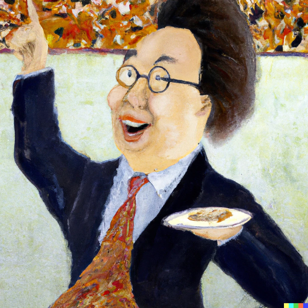 Prompt:   A  Klimt style oil painting of a cheerful middle-aged Japanese man in a suit and glasses with his hair stand on end on top, pointing and shouting about his Japanese morning set meal.