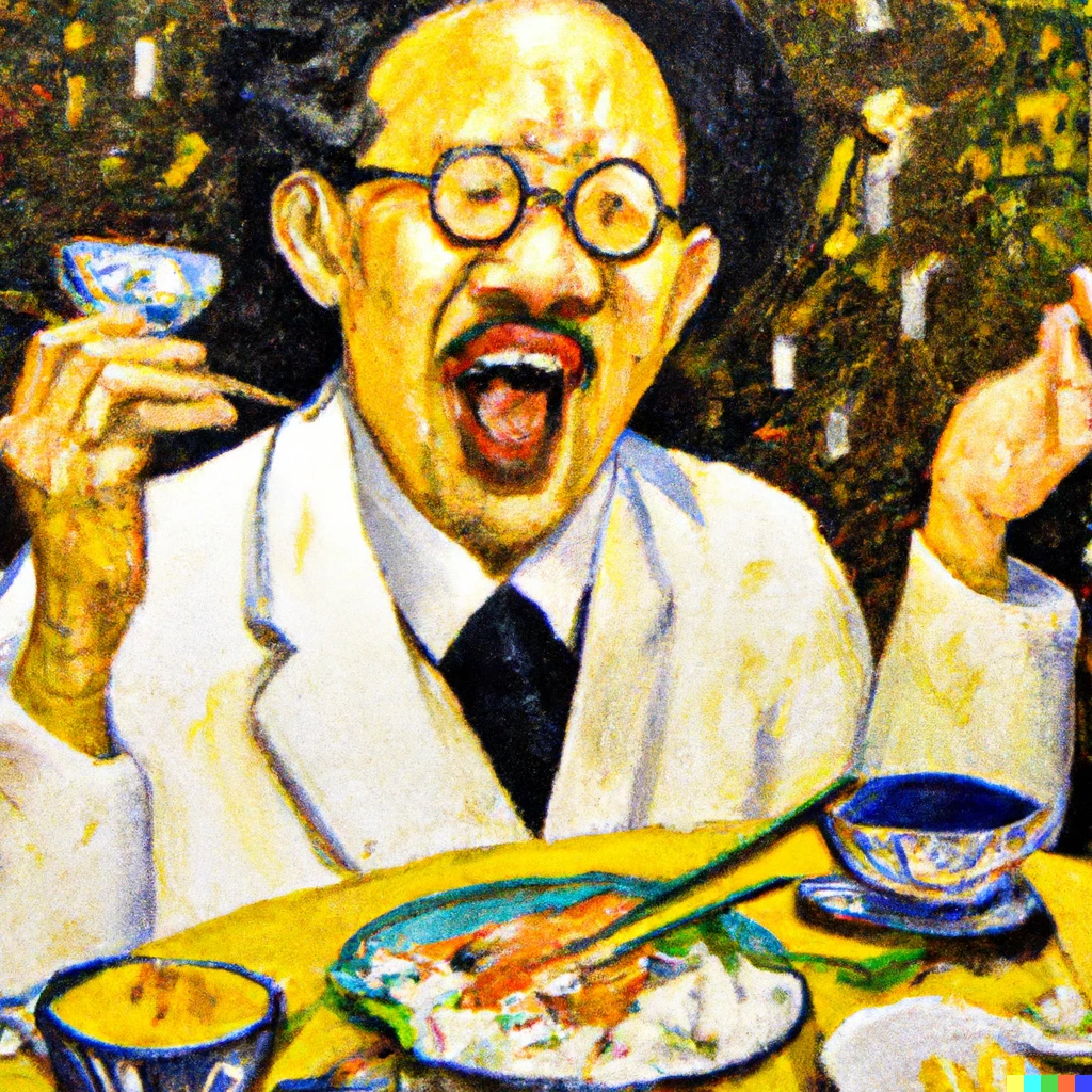 Prompt: Klimt-style oil painting of a Japanese morning set meal with a square-cropped, middle-aged, energetic Japanese man in glasses shouting