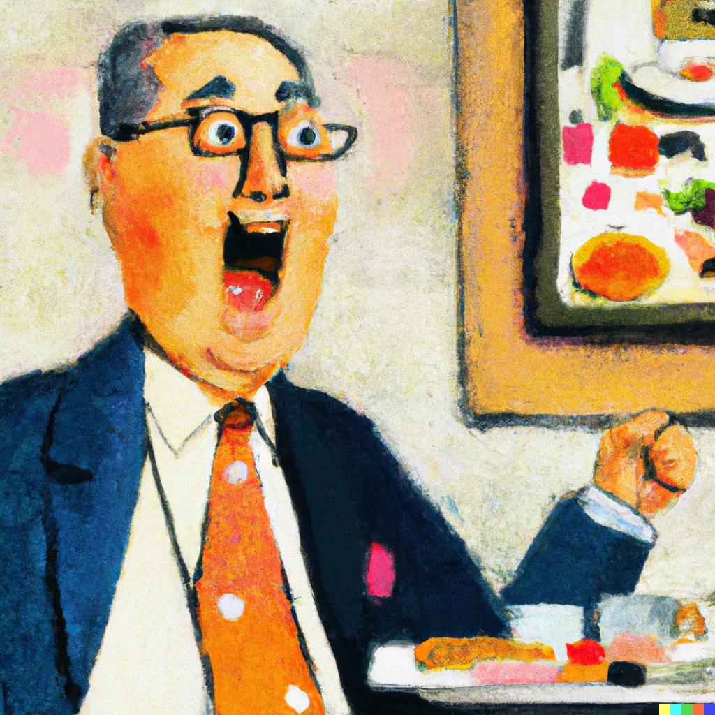 Prompt: In a Klimt-style static oil painting, a jovial middle-aged Japanese man in a suit and square-cropped glasses shouts about the Japanese breakfast set meal.