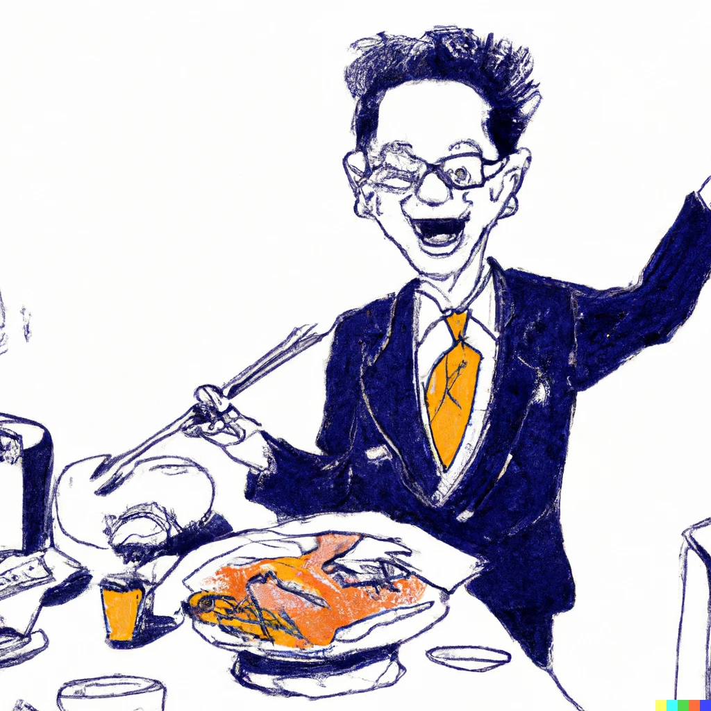 Prompt: a  painting in Egon Schiele-style of a cheerful middle-aged Japanese man in a suit and short glasses with his hair standing on end, shouting about the Japanese breakfast set meal.