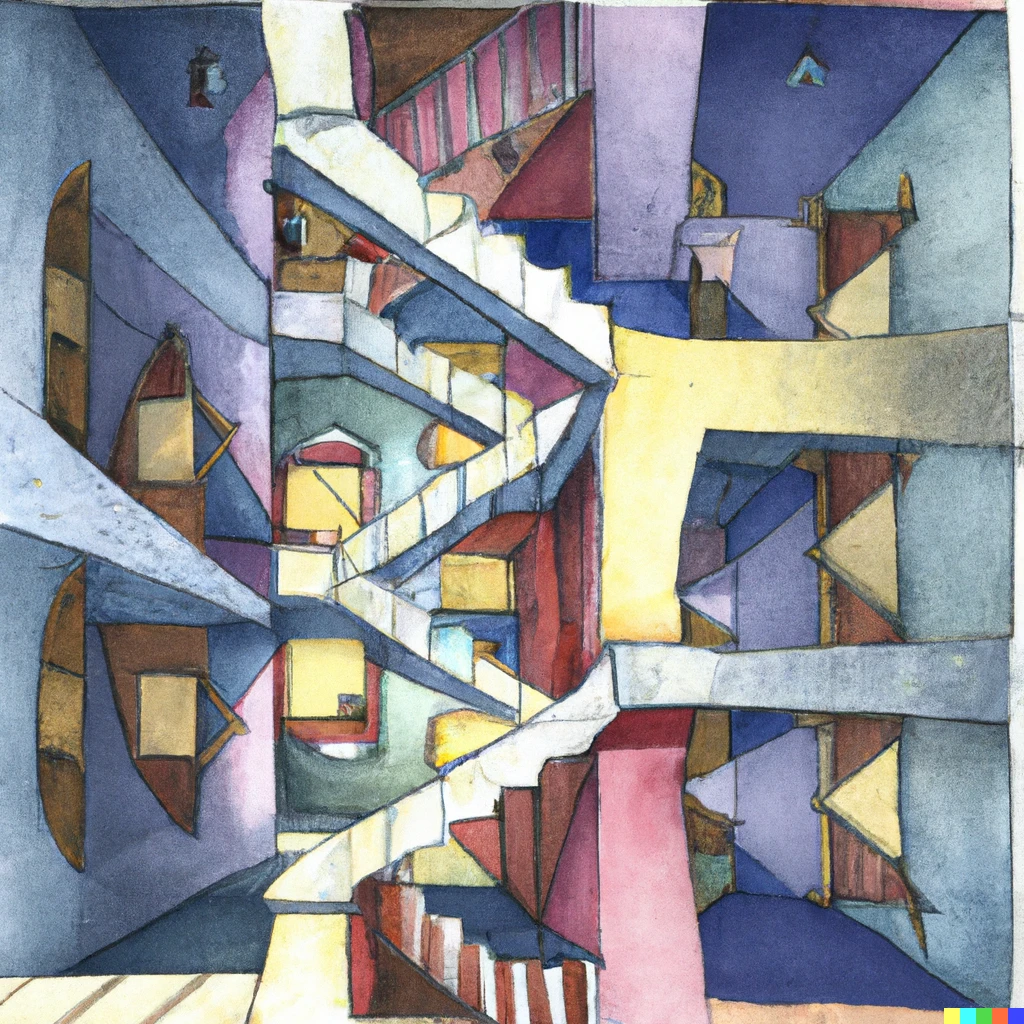 Prompt: An mc Escher watercolour of rooms connected by stairs