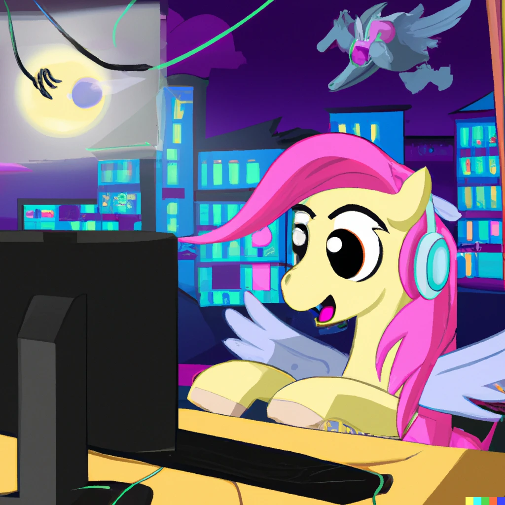 Prompt: Fluttershy streaming FPS in the middle of the night, Cartoon