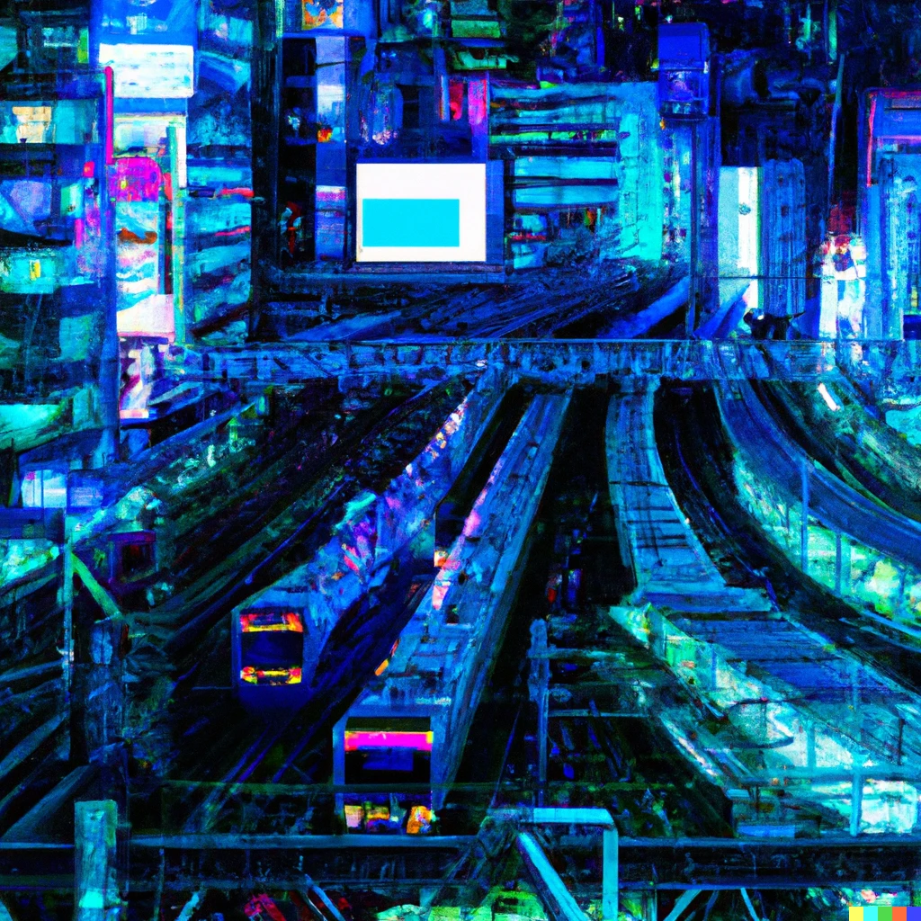 Prompt: Shinagawa station in 2300. Cyberpunk