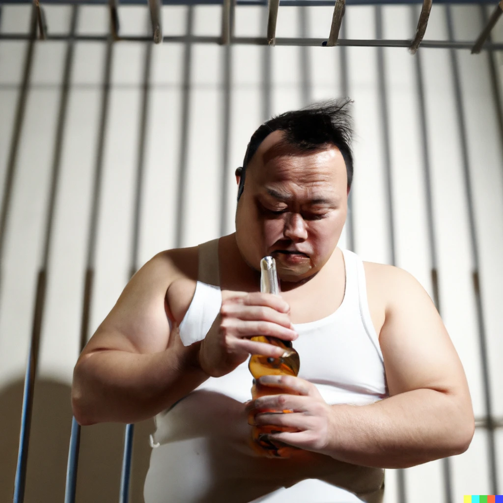 Prompt: A photo of sumo wrestler drinking beer in jail