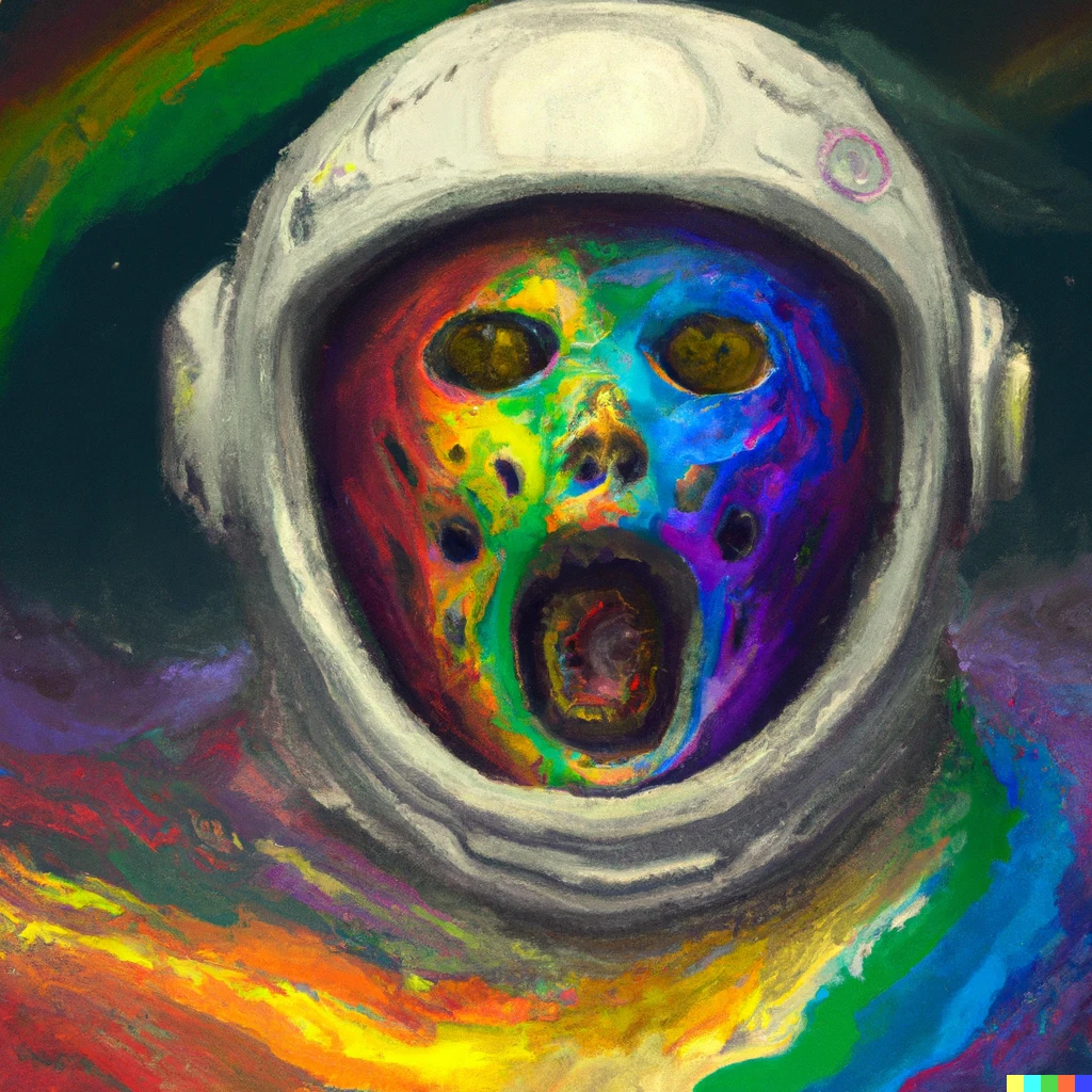 Prompt: "The Scream" by Edvard Munch, in a spacesuit, rainbow coloured, floating above Earth, digital art