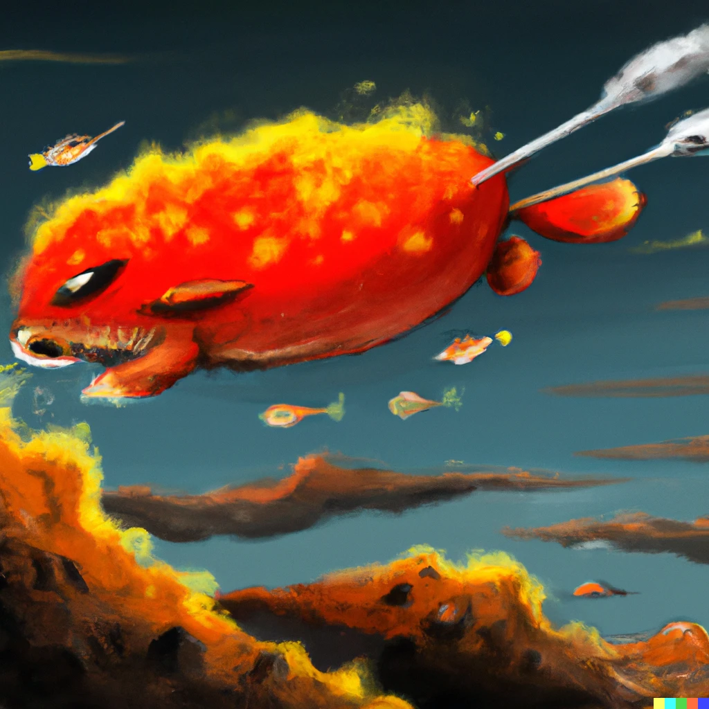 Prompt: A mutant mouse-fish, jumping over hot lava, digital art