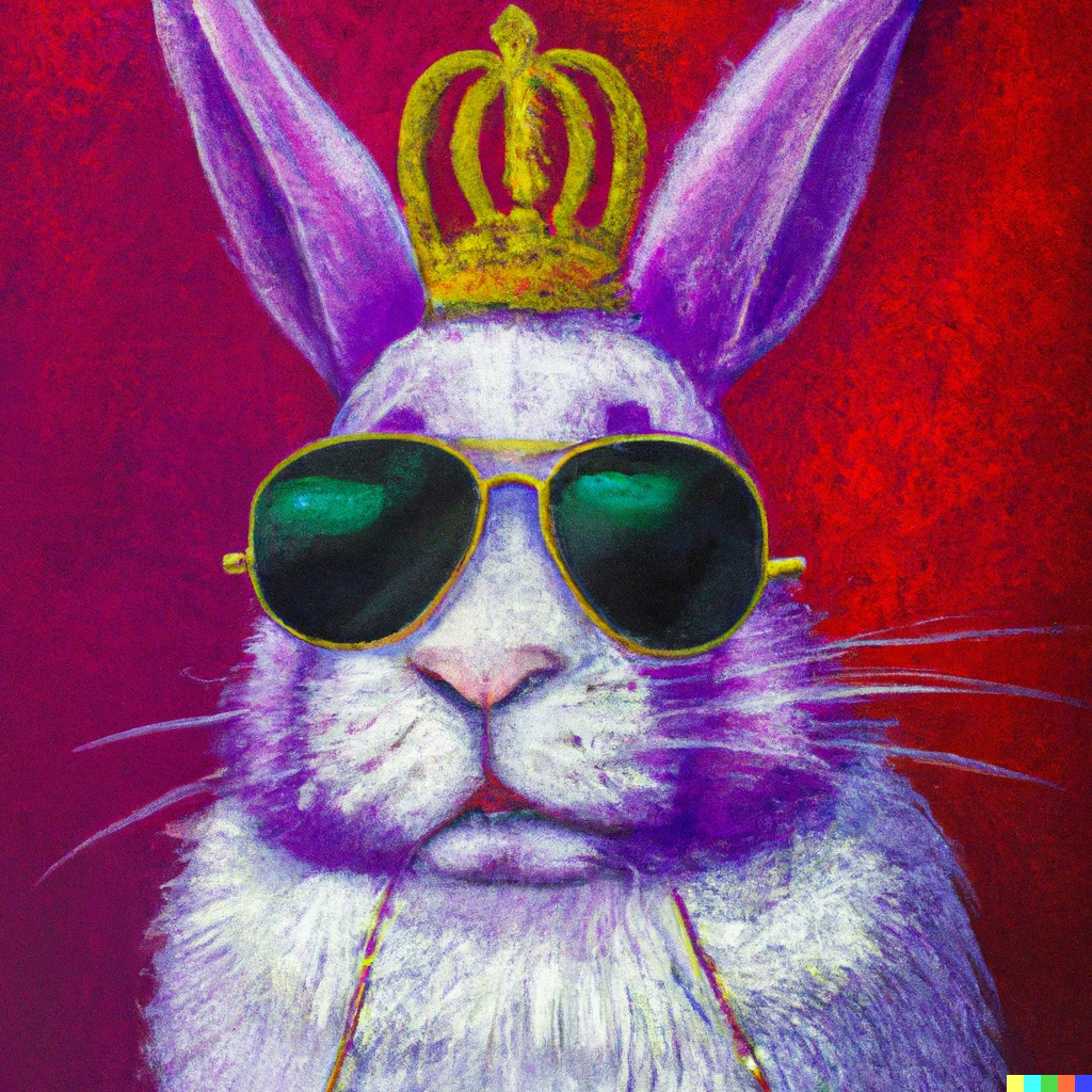 Prompt: An oil painting portrait of a king rabbit wearing a crown and sunglasses. 