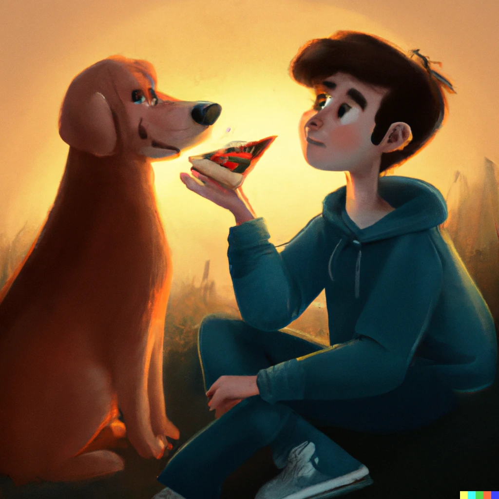 Prompt: a guy sharing a slice of pizza with his adorable golden retriever at sunset, birthday card illustration, digital art, pixar