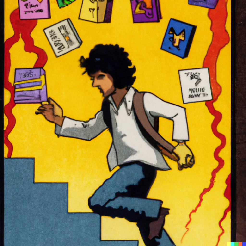 Prompt: Cover of an Atari game from the 80s depicting a writer escaping from pixelated document monsters. 