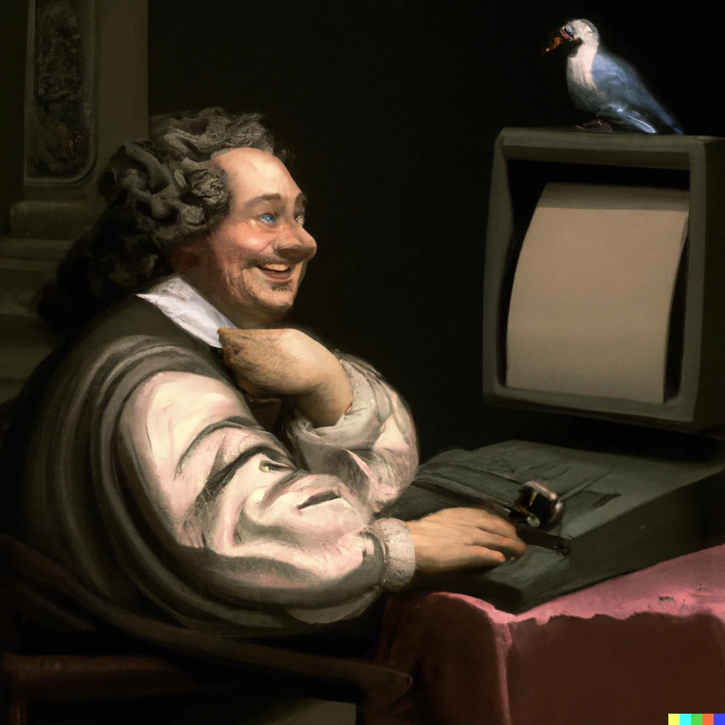 Prompt: Baroque painting of a writer sitting in front of an IBM PC. The writer looks at the painter and seems quietly happy about life. 