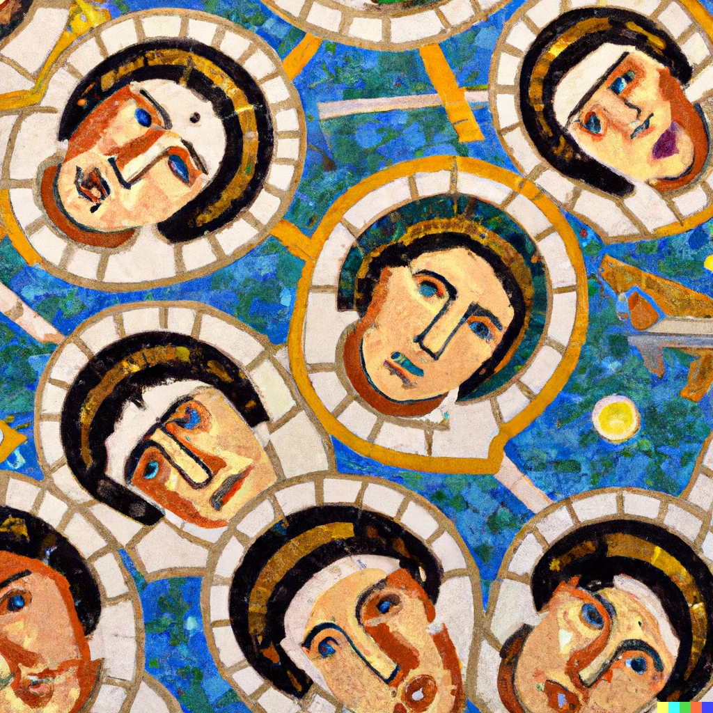 Prompt: Byzantine mosaic of a group of Soviet astronauts.