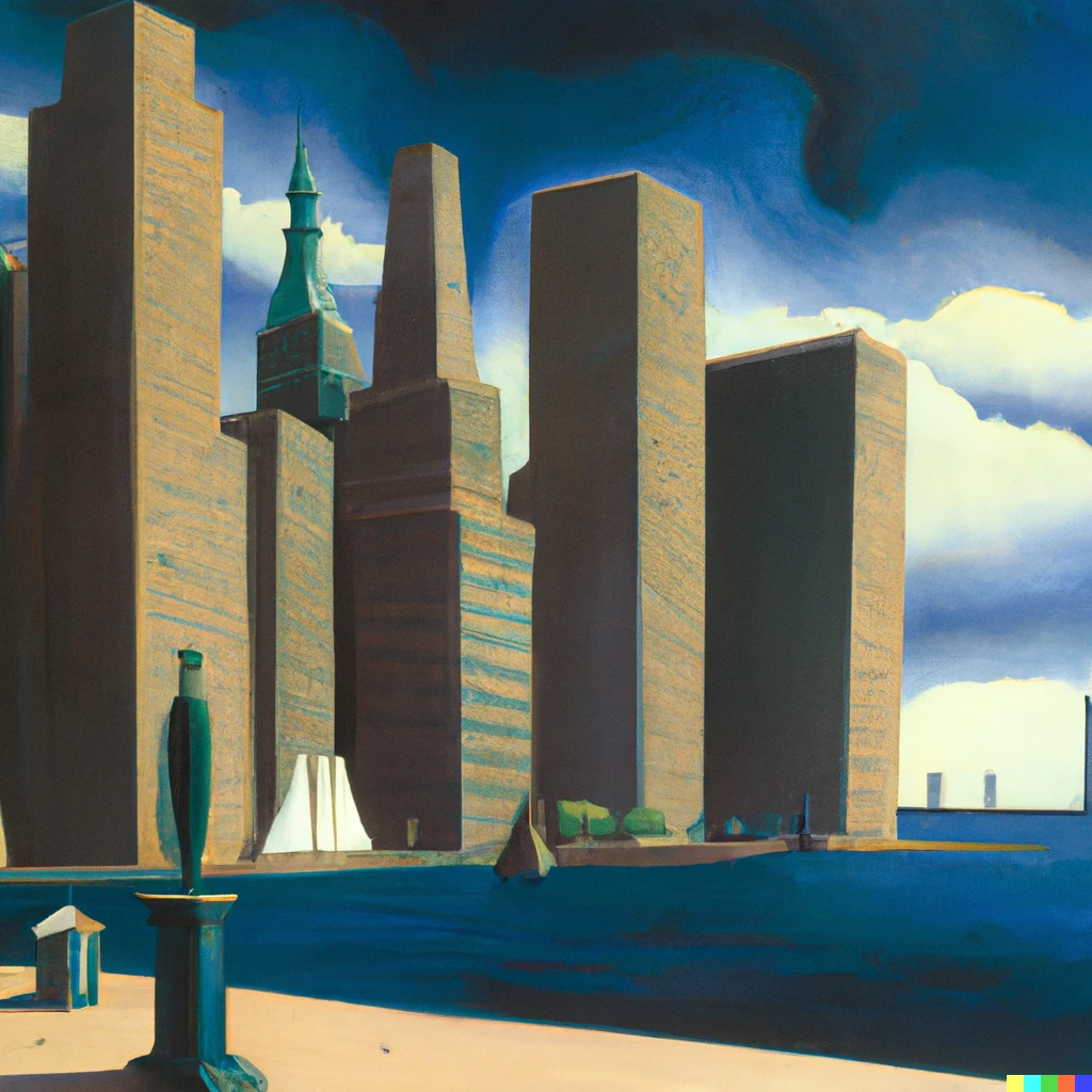 Prompt: Manhattan as seen from Battery Park, painted by Giorgio De Chirico. 