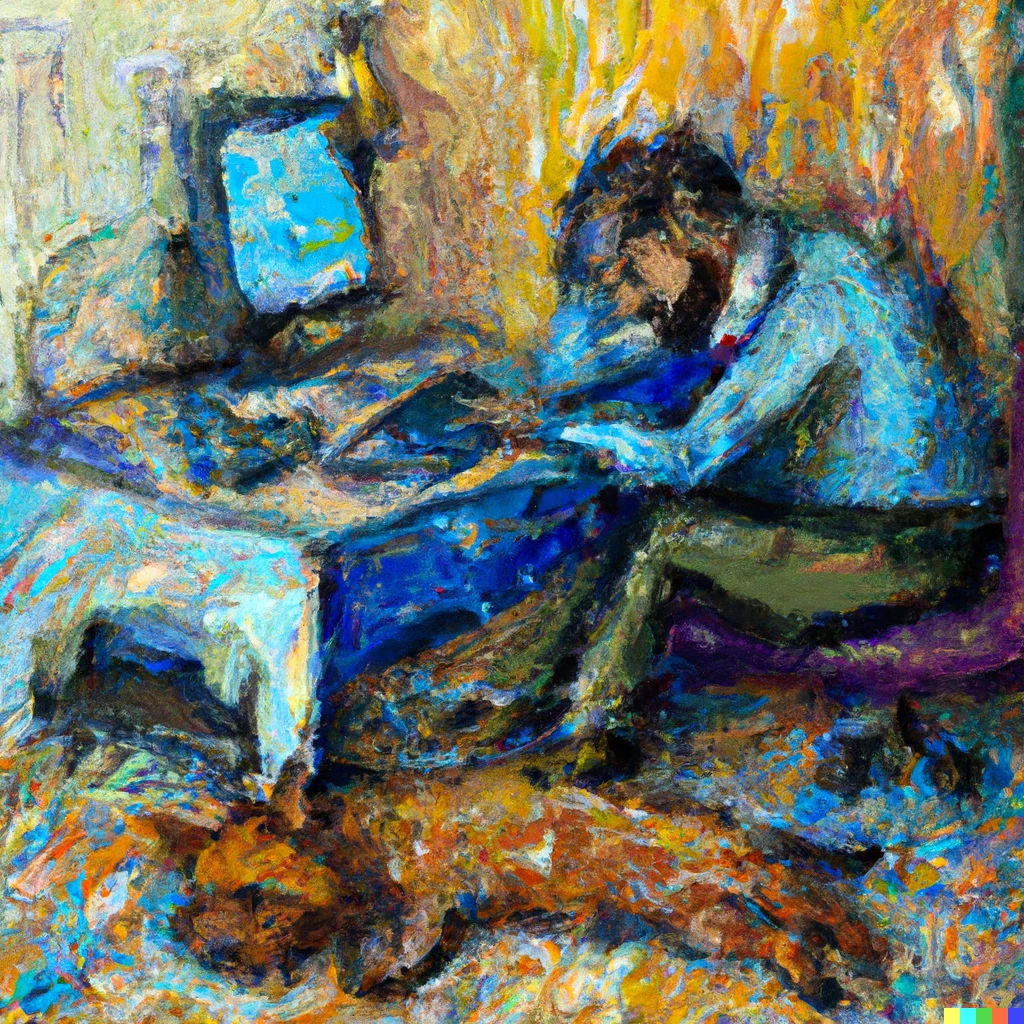 Prompt: Painting of a technical writer typing at his computer with a little merry dog sleeping under the table, in the style of Vincent Van Gogh