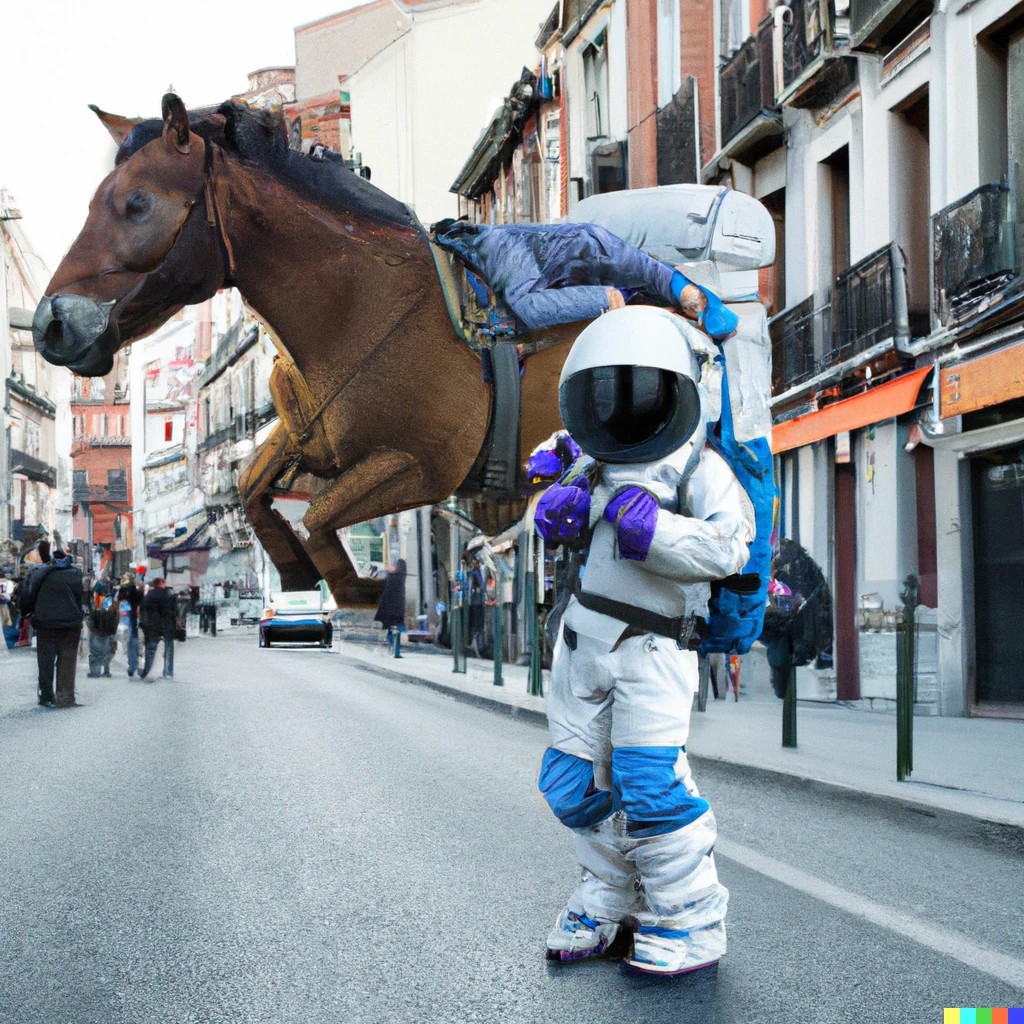 Prompt: horse scared while riding on an astronaut in a city. astronaut carrying horses weight