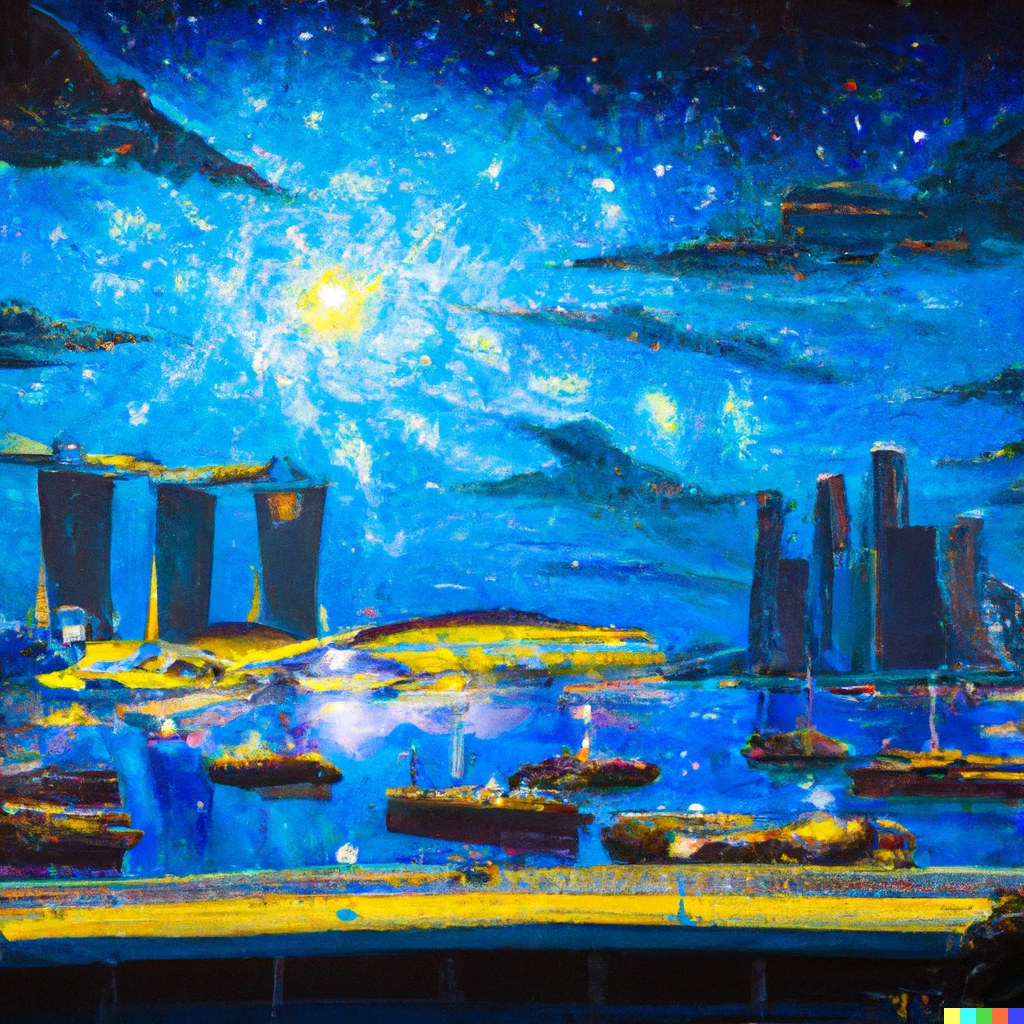 Prompt: "The Starry Night" by Vincent Van Gogh, set in Singapore, overlooking Marina Bay Sands and the Singapore Flyer