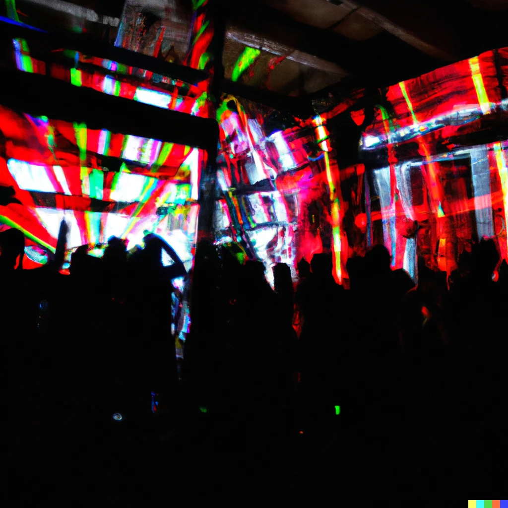 Prompt: If a warehouse was a happy happycore rave
