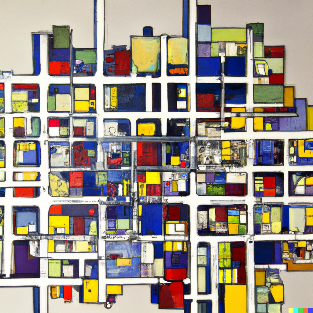 Prompt: overhead painting of manhattan by mondrian