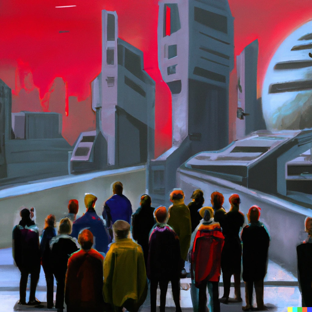 Prompt: painting of a group of people staring at a city in the style of syd mead