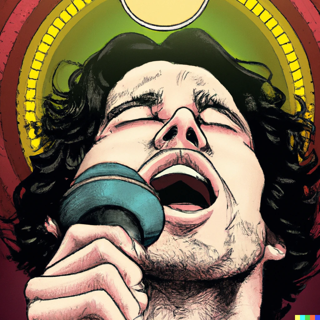 Prompt: a comic book cover of jim morrisson singing in front of a mic with his eyes closed