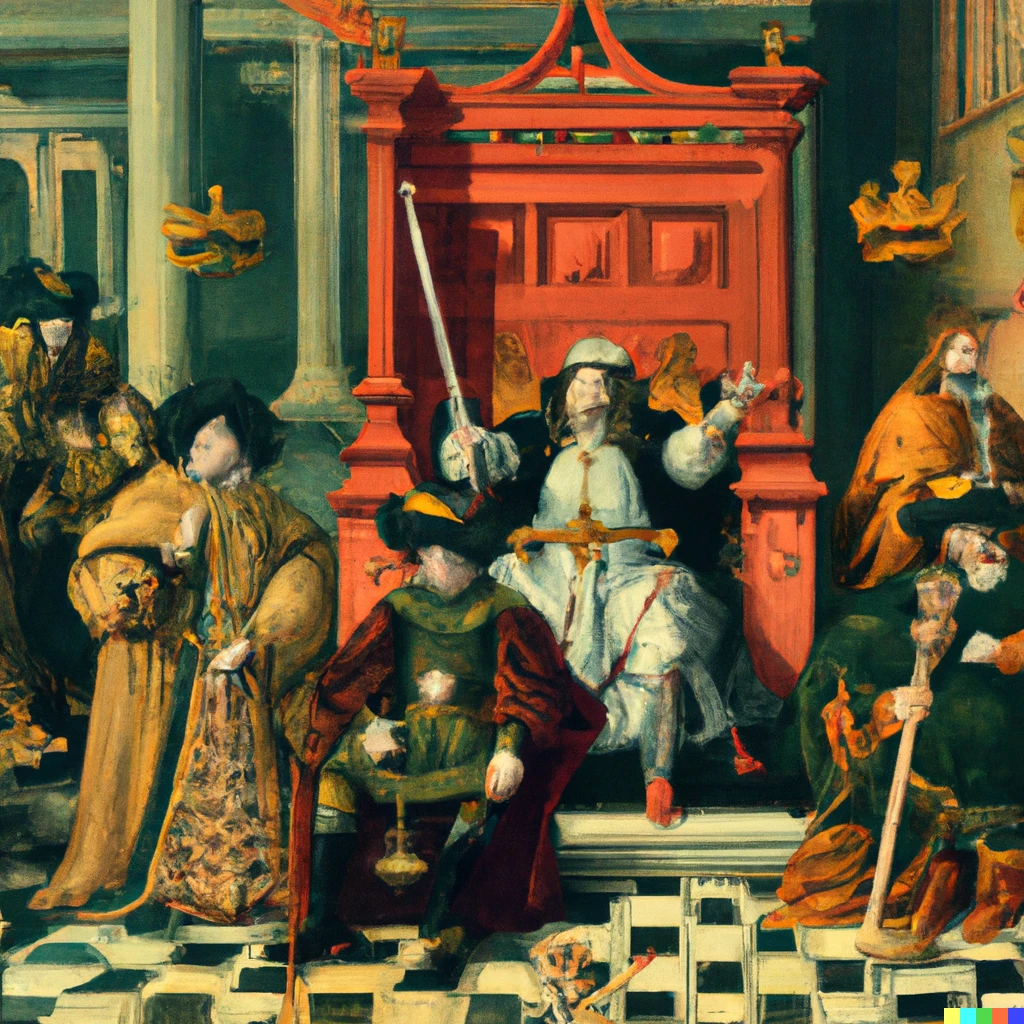 Prompt: baroque painting of king on a throne in a court surrounded by knights