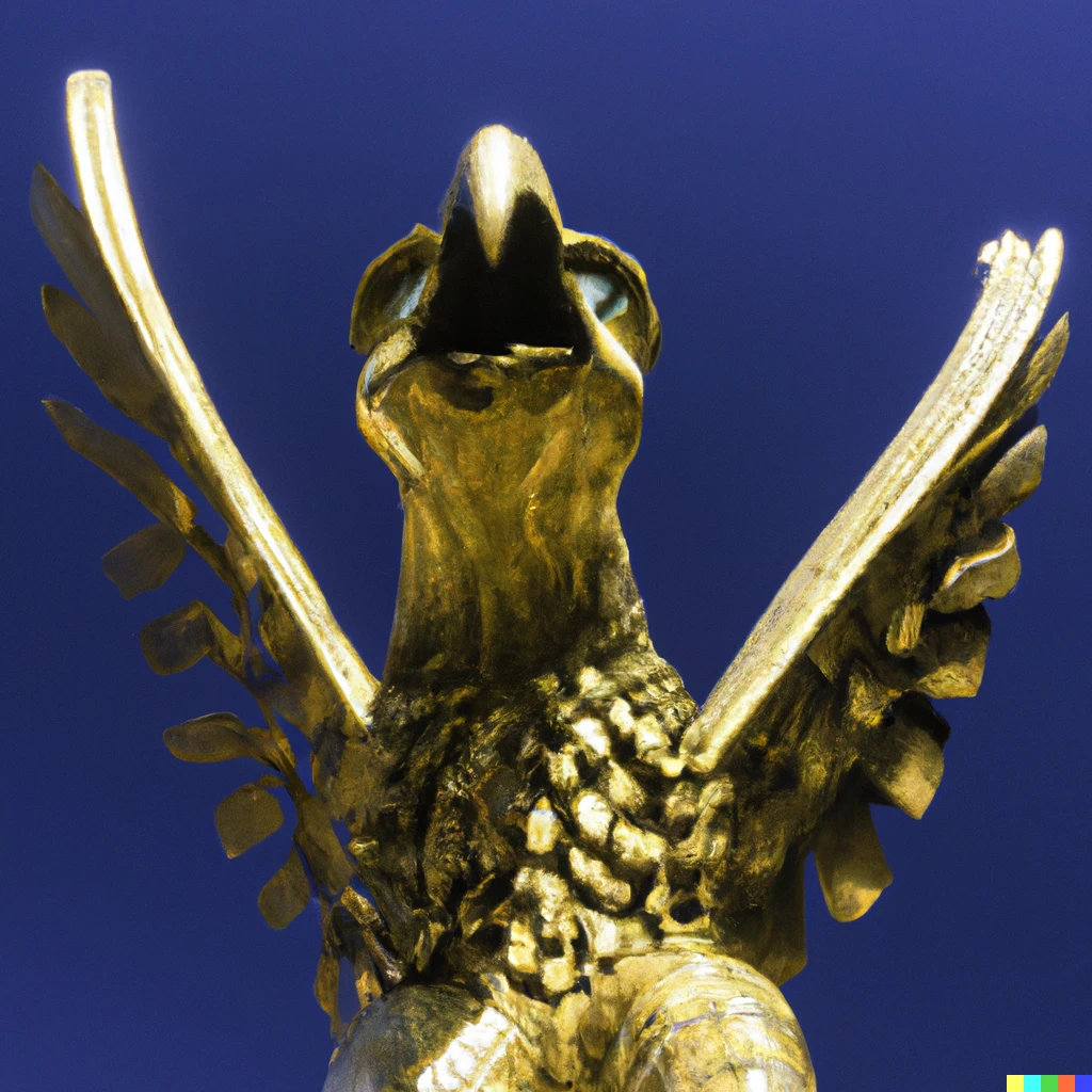 Prompt: wide angle golden inca sculpture of  bald eagle