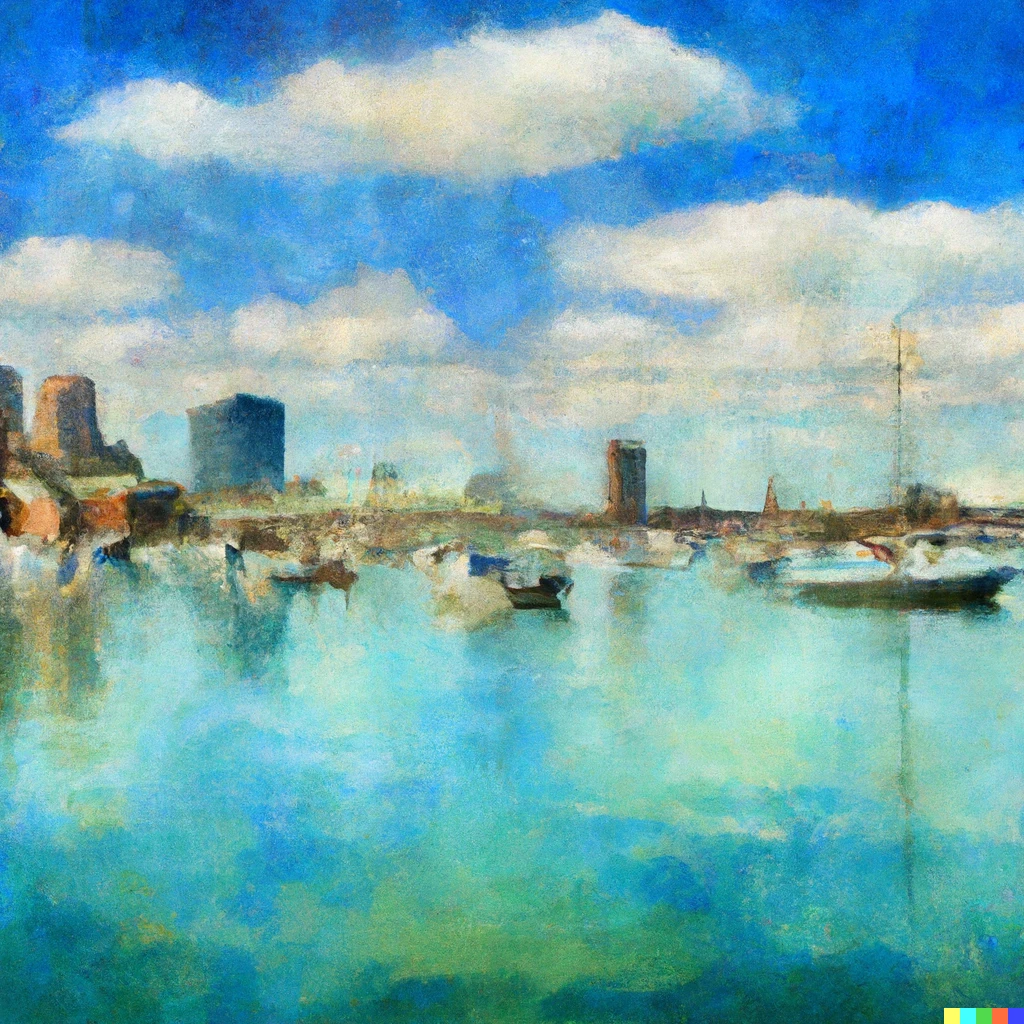 Prompt: watercolor in the style of monet of boston harbor
