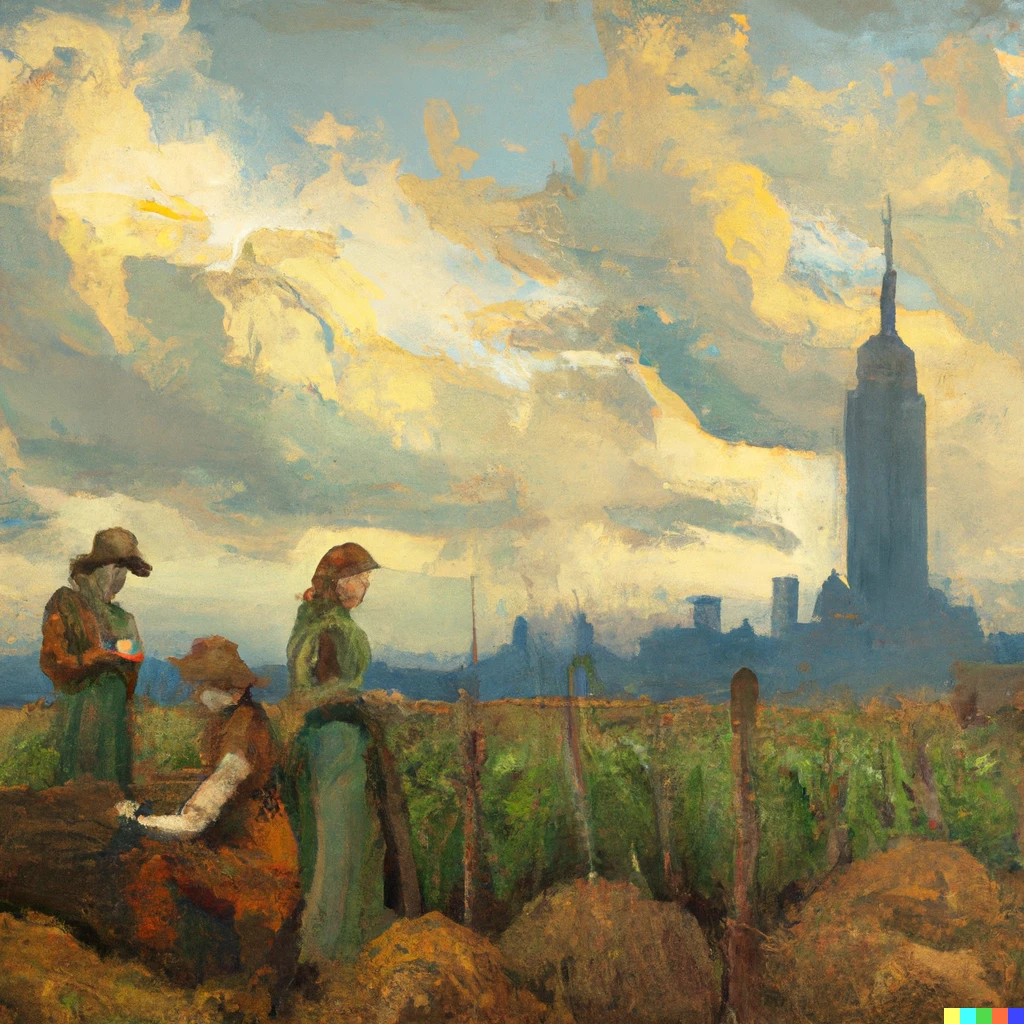 Prompt: millet painting of 3 farmers on a farm on a cloudy day with the empire state building in the distance