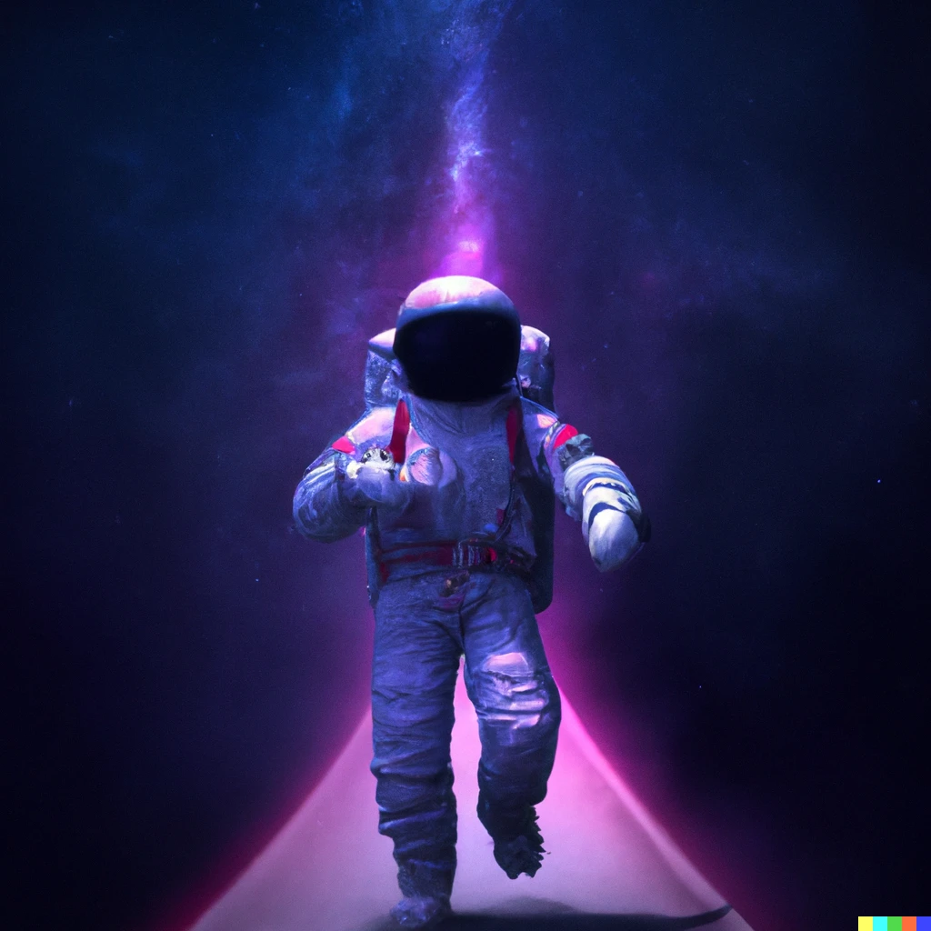 Prompt: an astronaut walking on fashion runway in space,digital art