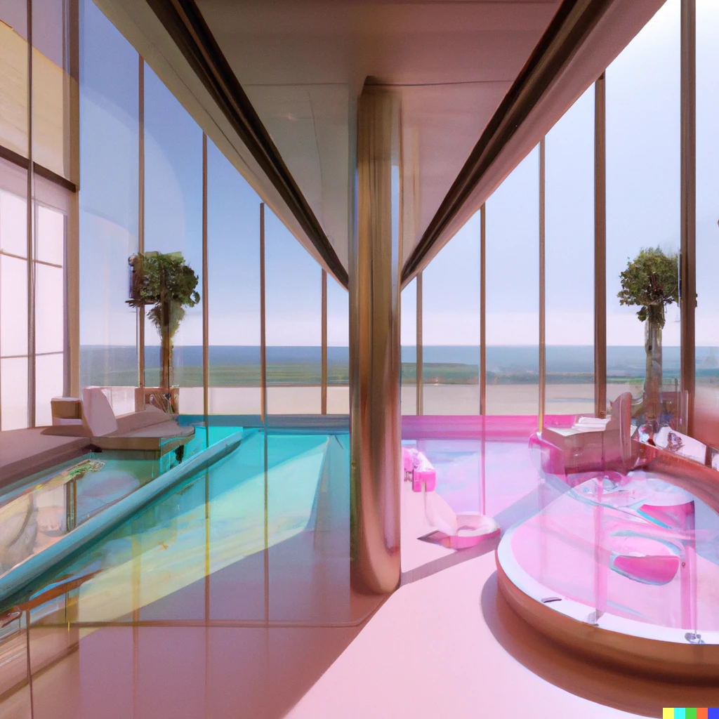 Prompt: a sunlit indoor lounge area with a pool with clear water and another pool with translucent pastel pink water, next to a big window, digital art