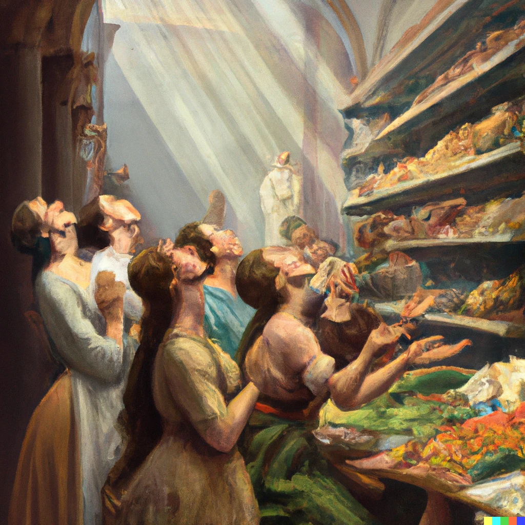 Prompt: people admiring and worshipping supermarket shelves full of food, detailed painting by academic painter William-Adolphe Bouguereau