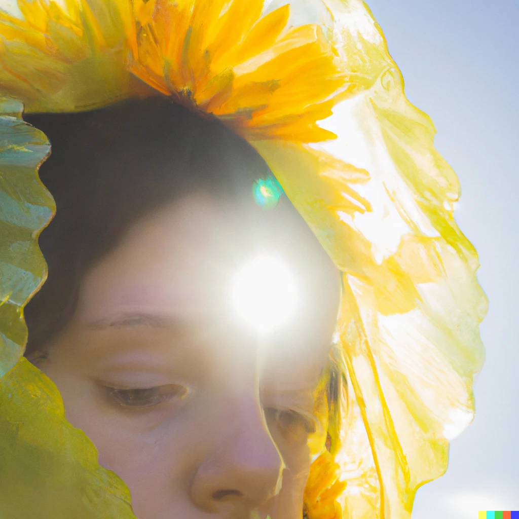 Prompt: Cellophane flowers of yellow and green towering over the head of a girl with the sun in her eyes